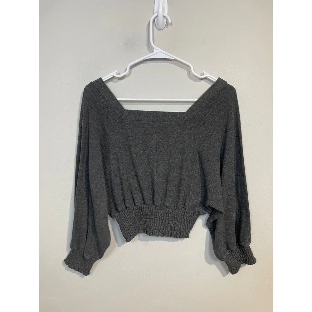 Free People Gray Square Neck Smocked Long Sleeve Size XS Boho Feminine Classic‎